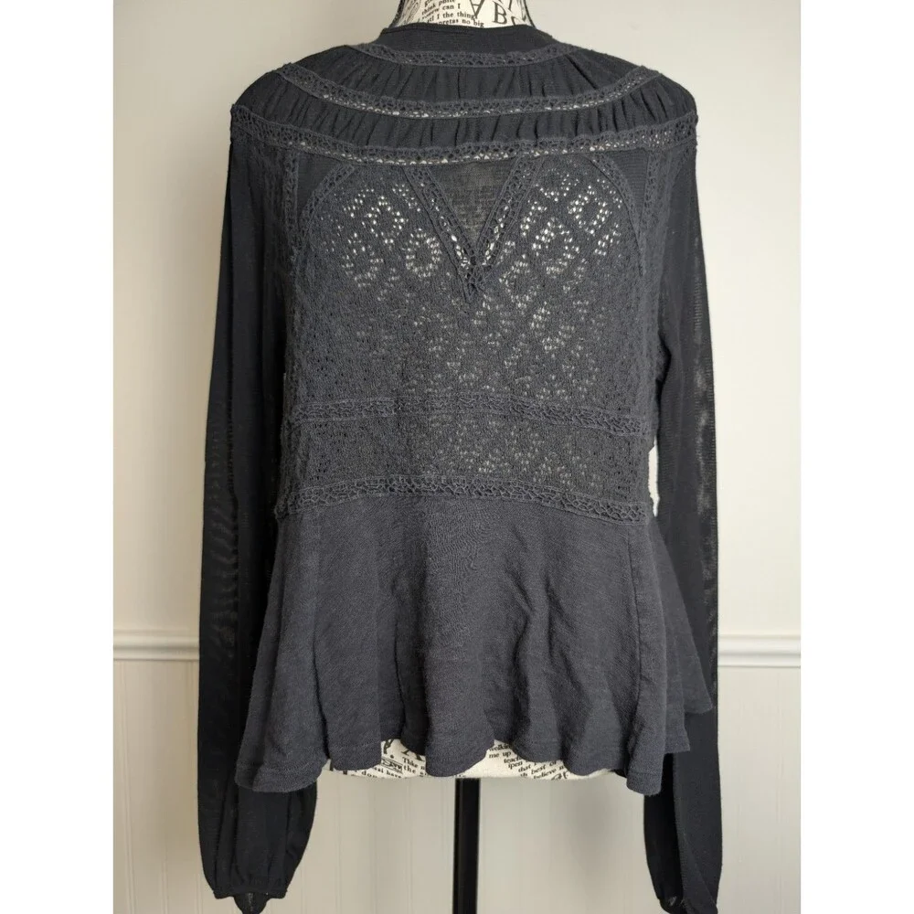 Free People Womens English Rose Top in Black Puff Sleeve Lace Whimsigoth M